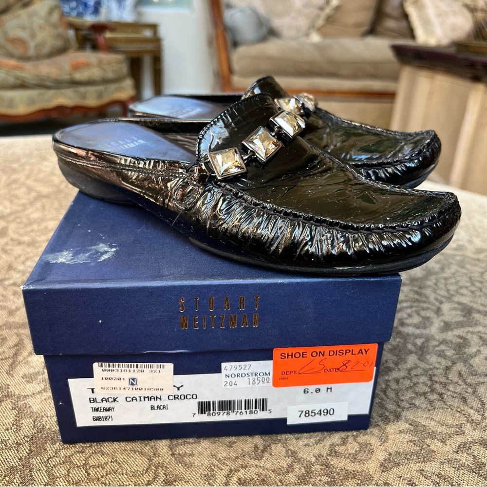 Stuart Weitzman Black Patent Mules with Studs